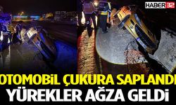 Yoldan Çıkan Otomobil Çukura Saplandı Yürekler Ağza Geldi