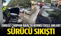Direğe Çarpan Araçta Korku Dolu Anlar! Sürücü Sıkıştı