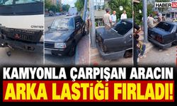 Kamyonla Çarpışan Aracın Lastiği Yola Fırladı!
