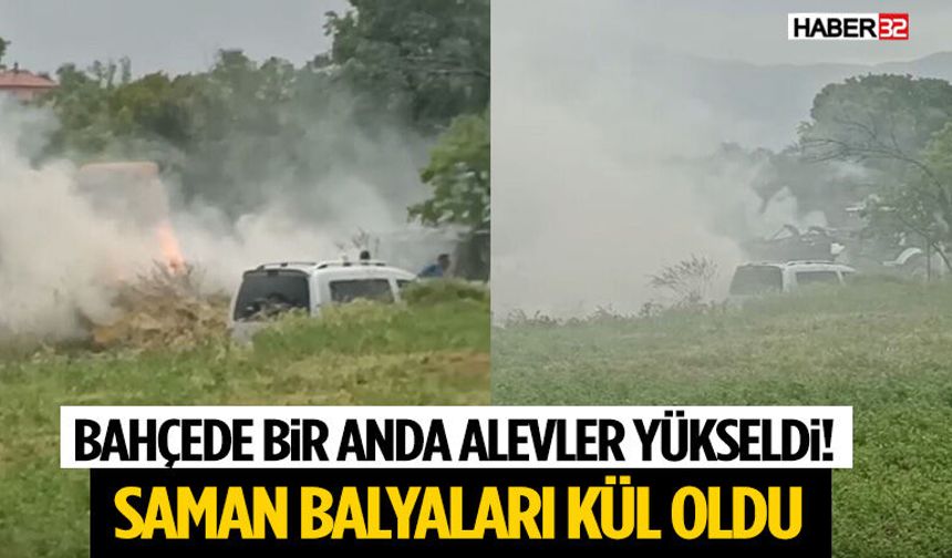 Bahçede Bir Anda Alevler Yükseldi! Saman Balyaları Kül Oldu