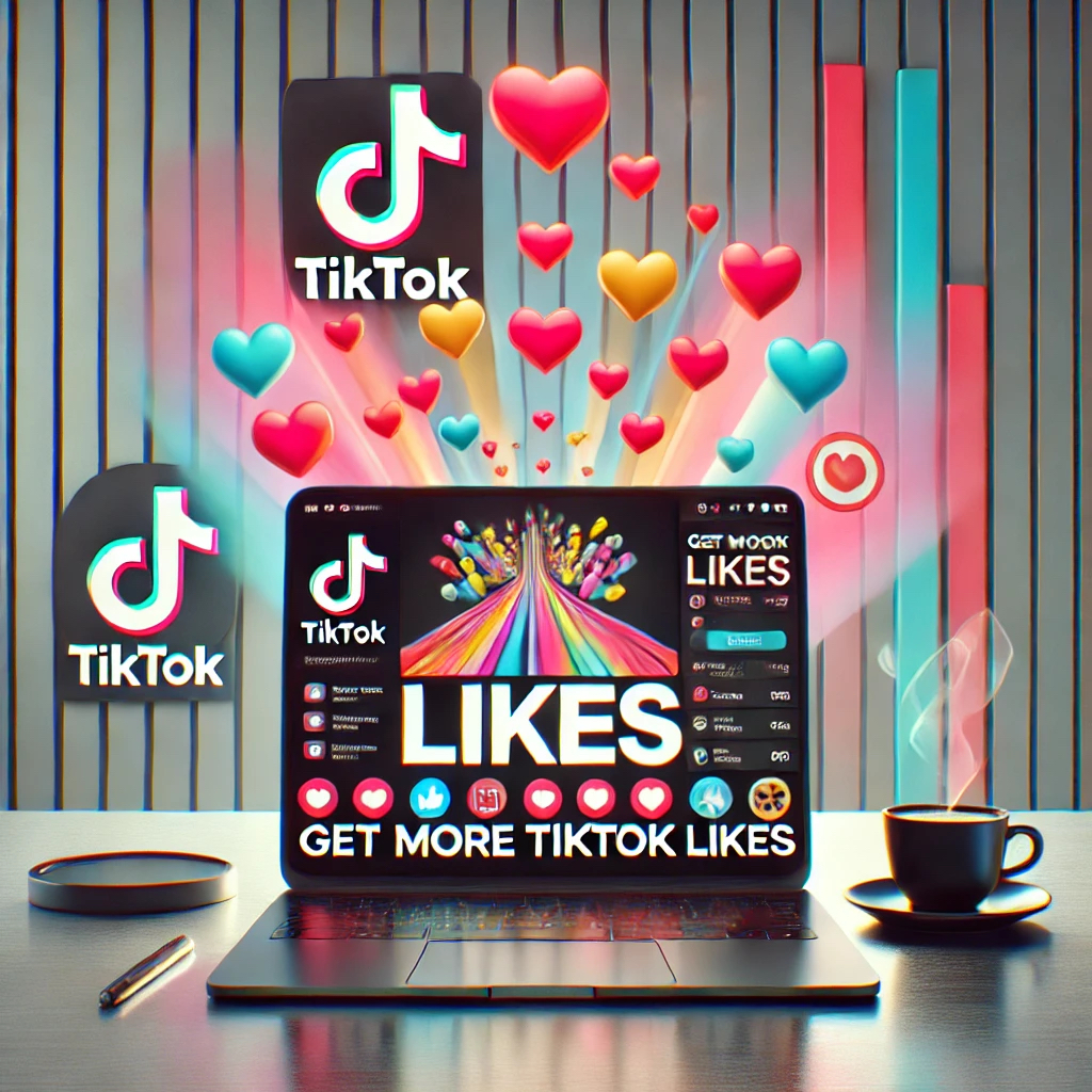 Dall·e 2024 09 12 11.53.48 A Stylish Advertisement For Tiktok Likes, Featuring A Laptop On A Desk With The Tiktok App Open On The Screen. The Laptop Shows A Video Rapidly Gainin