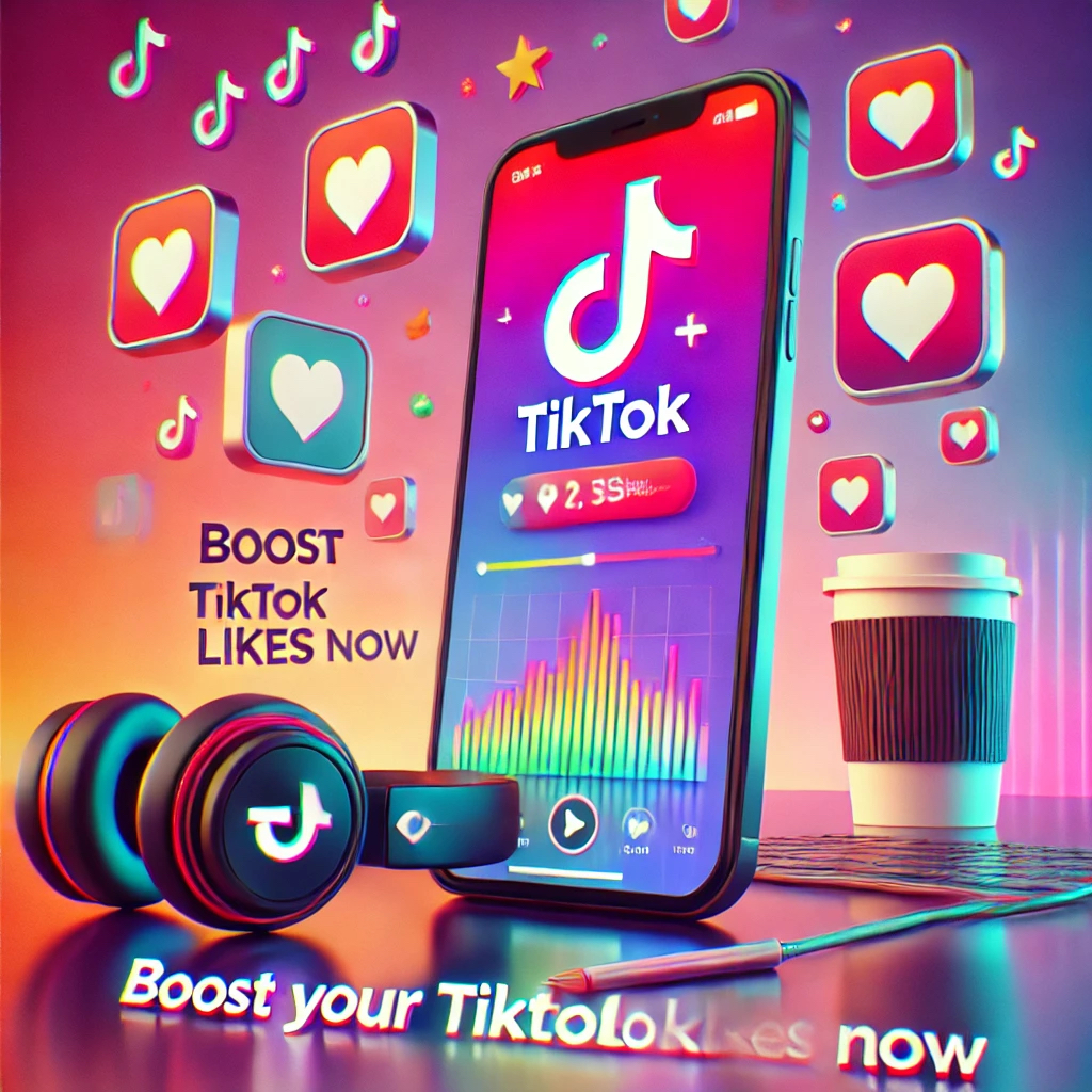 Dall·e 2024 09 12 11.54.00 A Modern Promotional Image For Tiktok Likes, Featuring A Smartphone Placed On A Desk With The Tiktok App Open, Showing A Video Getting A Large Number