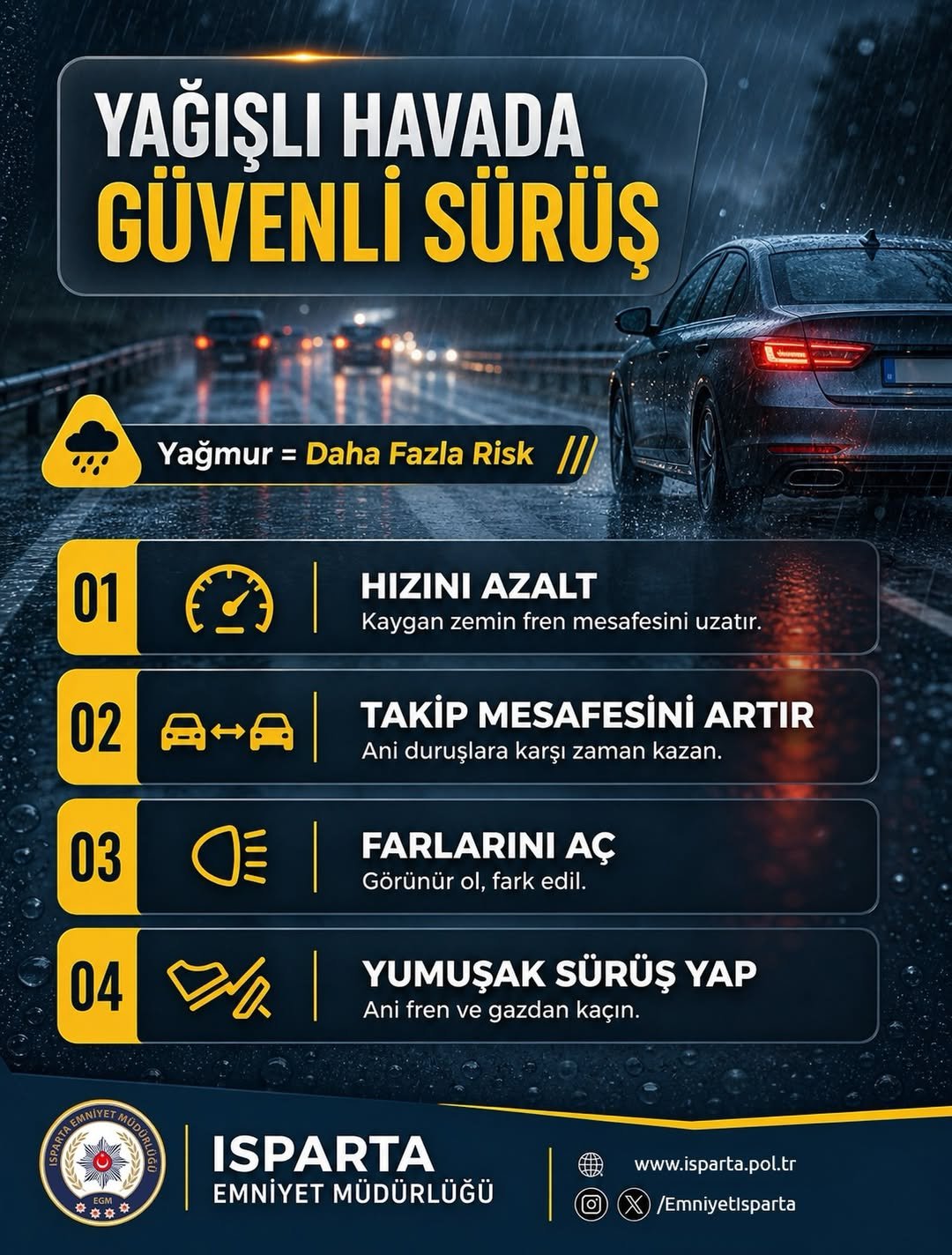 🌧️ Yağışlı Havalarda Güvenli Sürüş Hayat Kurtarır!Yağmurla Birlikte Yol Tutuş Azalır, Fren Mesa